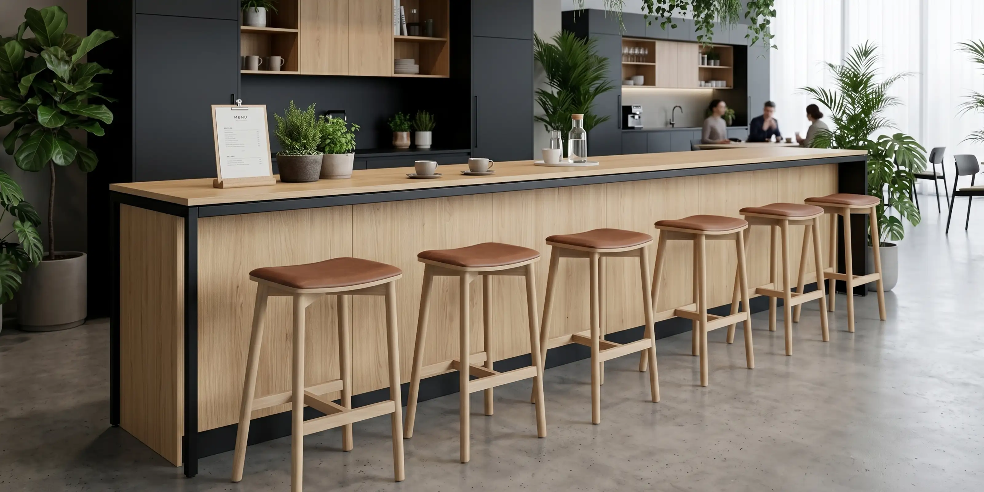 Natural bar stools with leather tan seat in office