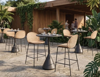 Ceramic Table With Rattan Bar Stools