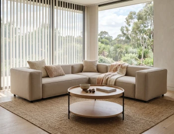 Nolia Corner Sofa With Natural Wooden Round Layer Side Table