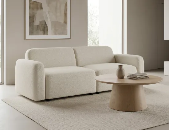 Boucle 2 Seater Sofa With Wood Coffee Table
