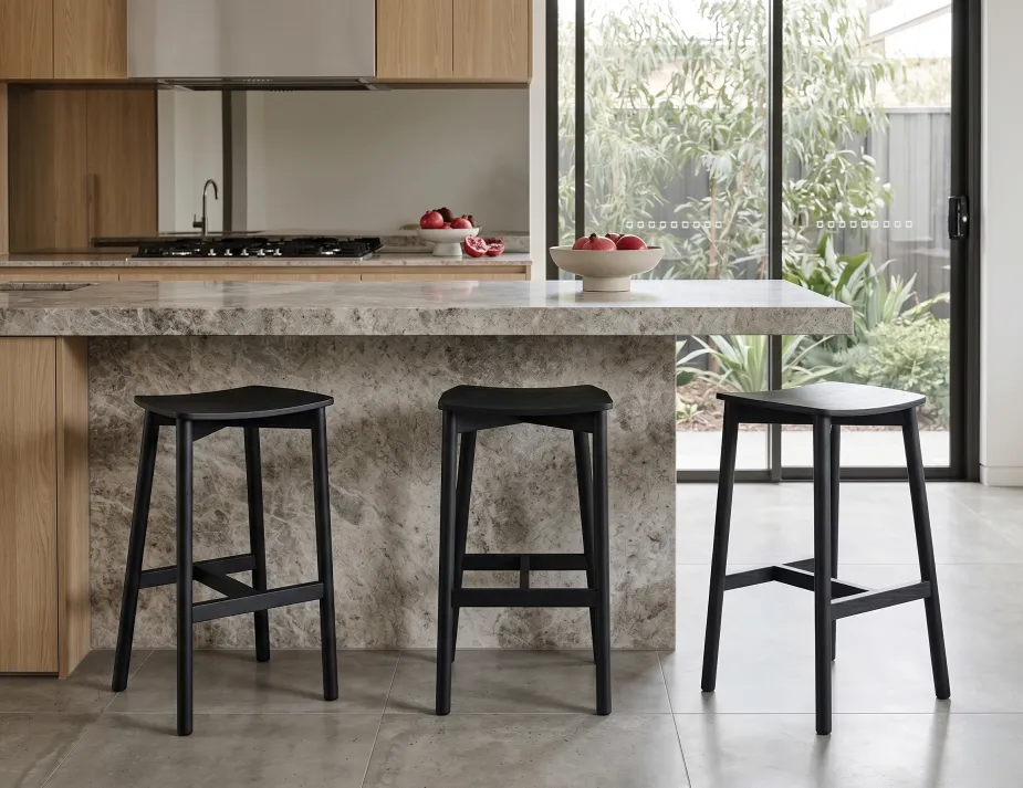 Grey Marble Kitchen Bench With Black Stools New