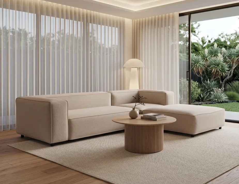 Designer Sofa And Wood Coffee Table