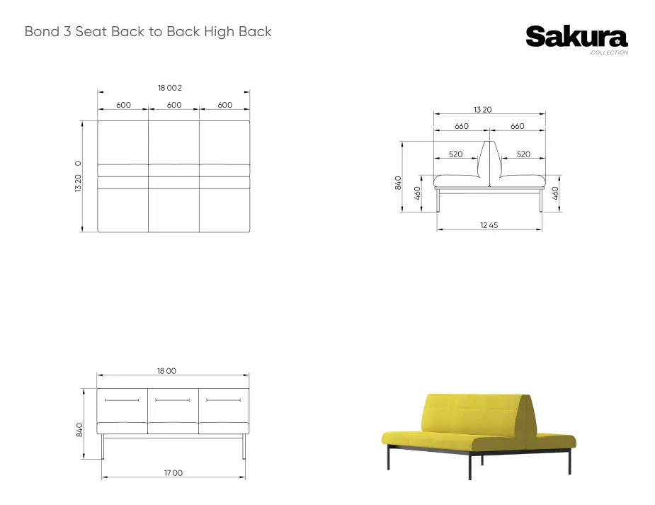 Sakura Bond 3 Seat Back To Back High Back