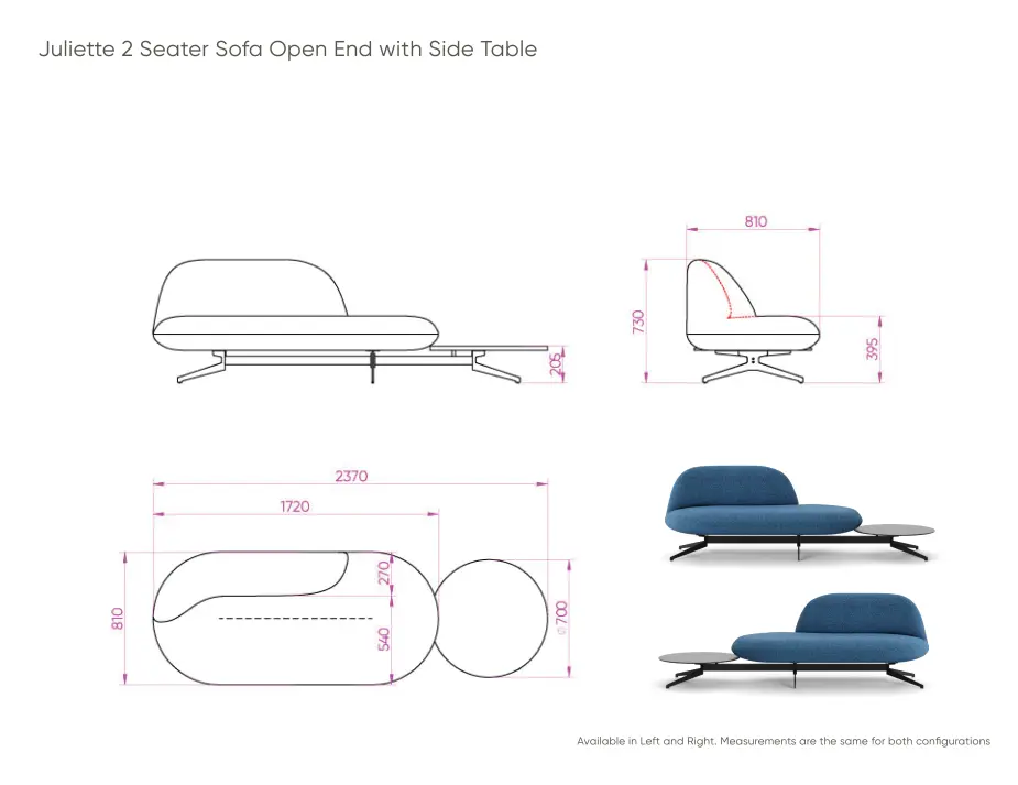 Juliette 2 Seat Sofa Open End With Side Table