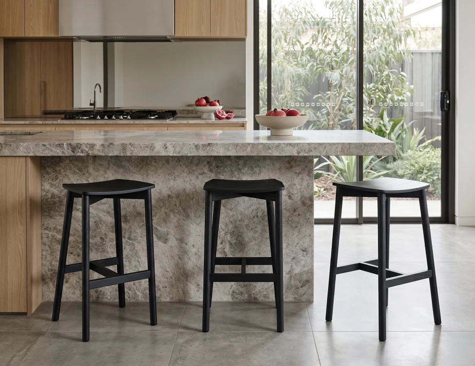 Grey Marble Kitchen Bench With Black Stools New
