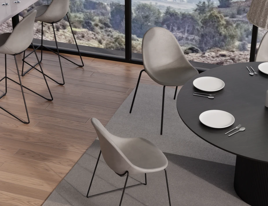 Pebble Rail 4pole Chairs Stools Grey Leather Dining Setting