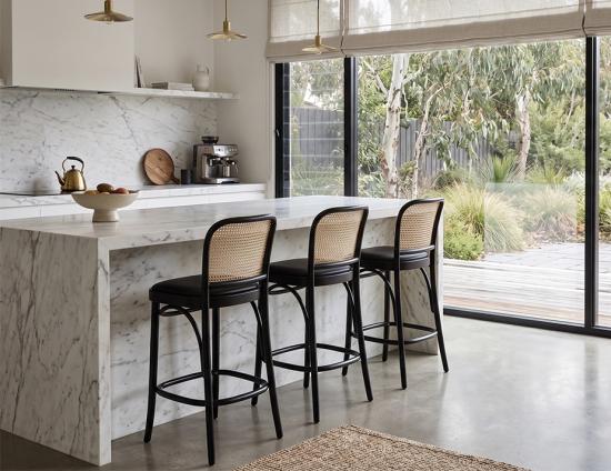 811 Hoffmann Stool - Black Stain - Cane Backrest - Black Upholstered Seat - by TON 