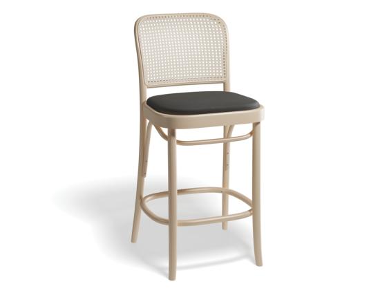 811 Hoffmann Stool - Natural Wood - Cane Backrest - Black Upholstered Seat - by TON