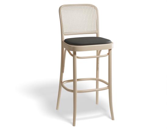 811 Hoffmann Stool - Natural Wood - Cane Backrest - Black Upholstered Seat - by TON