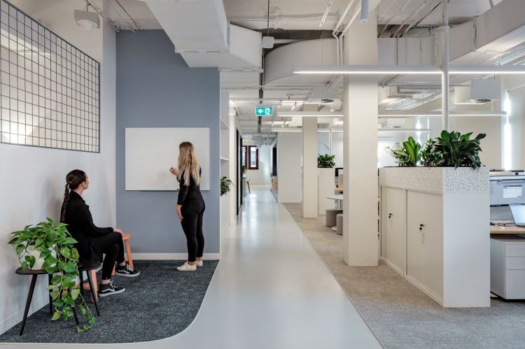 The hallway is lined with various plants, and the design includes blue and grey walls, with one featuring a large grid pattern.