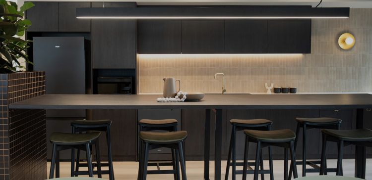 Modern office kitchen area.