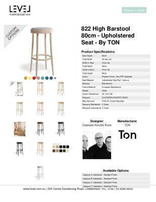 Tear Sheet: 822 High Barstool 80cm - Upholstered Seat - by TON