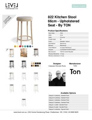 Tear Sheet: 822 Kitchen Stool 66cm - Upholstered Seat - by TON