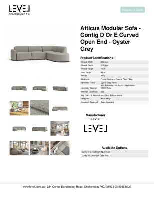 Tear Sheet: Atticus Modular Sofa - Config D or E Curved Open End - Oyster Grey