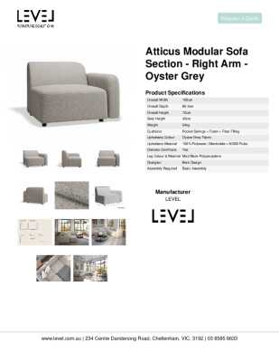 Tear Sheet: Atticus Modular Sofa Section - Right Arm - Oyster Grey