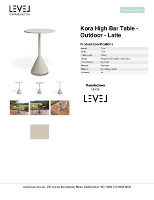 Tear Sheet: Kora High Bar Table - Outdoor - Latte