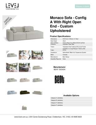 Tear Sheet: Monaco Sofa - Config A with Right Open End - Custom Upholstered