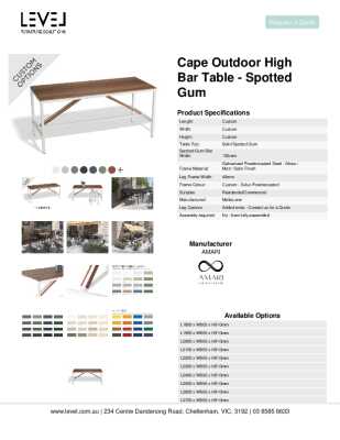 Tear Sheet: Cape Outdoor High Bar Table - Spotted Gum