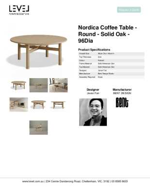 Tear Sheet: Nordica Coffee Table - Round - Solid Oak - 96Dia