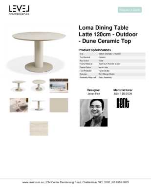 Tear Sheet: Loma Dining Table Latte 120cm - Outdoor - Dune Ceramic Top