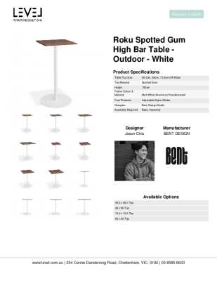 Tear Sheet: Roku Spotted Gum High Bar Table - Outdoor - White