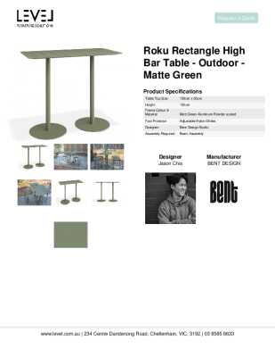 Tear Sheet: Roku Rectangle High Bar Table - Outdoor - Matte Green