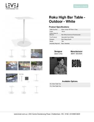 Tear Sheet: Roku High Bar Table - Outdoor - White