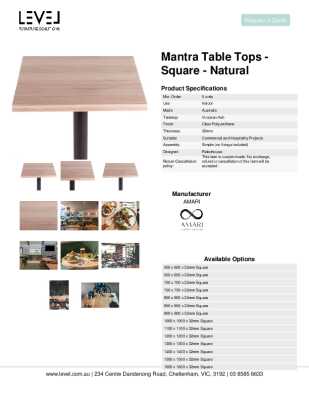 Tear Sheet: Mantra Table Tops - Square - Natural