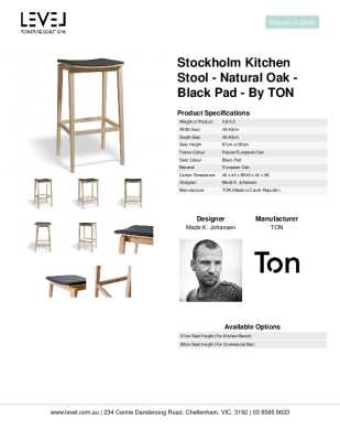 Tear Sheet: Stockholm Kitchen Stool - Natural Oak - Black Pad - by TON