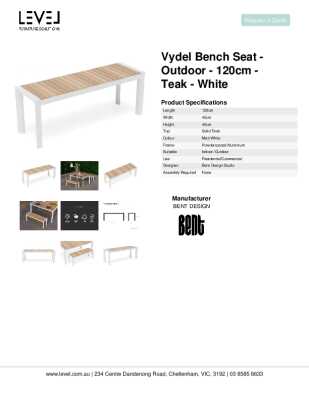 Tear Sheet: Vydel Bench Seat - Outdoor - 120cm - Teak - White
